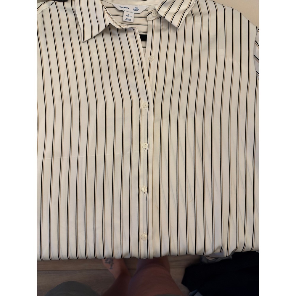 Old Navy The Classic Shirt Womens Large Petite Cream Black Tan Striped Button Up - Picture 5 of 7